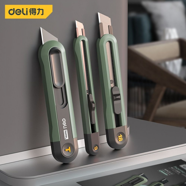 Набор технических ножей "Home Series Green" Deli HT4003L (ножи 9мм+18мм+Т-образный), эксклюзивный дизайн, корпус из высококачественного софттач пластика