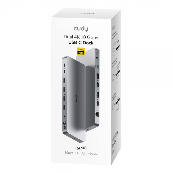 Концентратор CUDY 13-IN-1 10Gbps USB-C Dual 4K Docking Station | 150W PSU Up to One 5K(5120x2880p60) or Two 4K(4096x2160p60) Video output, 2 x Display 1.2a Port, 2 x HDMI 2.0 Port;1 x 10Gbps Upstream USB-C 3.2Gen2 port (PD 100W); 2 x 10Gbps USB-C 3.2Gen2