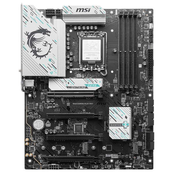 Материнская плата MSI B860 GAMING PLUS WIFI B860, LGA1851, 4*DDR5, 4*PCIEx16, 3*M.2, 1*TypeC, 2*USB3.2Gen2, 6*USB3.2Gen1, 8*USB2.0, 4*SATA3.0, 5G, Type-C(DP), DP, HDMI, ATX, RTL