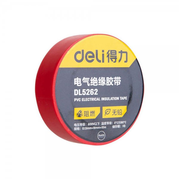 Изолента Deli DL5262 красная, 0,13мм х 18мм х 9,15м, напряжение до 600В, температурный диапазон 0-80 грд., ПВХ