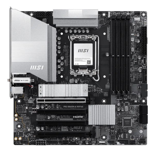 Материнская плата MSI PRO B860M-A WIFI6E B860, LGA1851, 4*DDR5, 4*PCIEx16, 3*M.2, 2*TypeC, 1*USB3.2Gen2, 6*USB3.2Gen1, 6*USB2.0, 4*SATA3.0, 5G, Type-C(DP), DP, HDMI, M-ATX, RTL