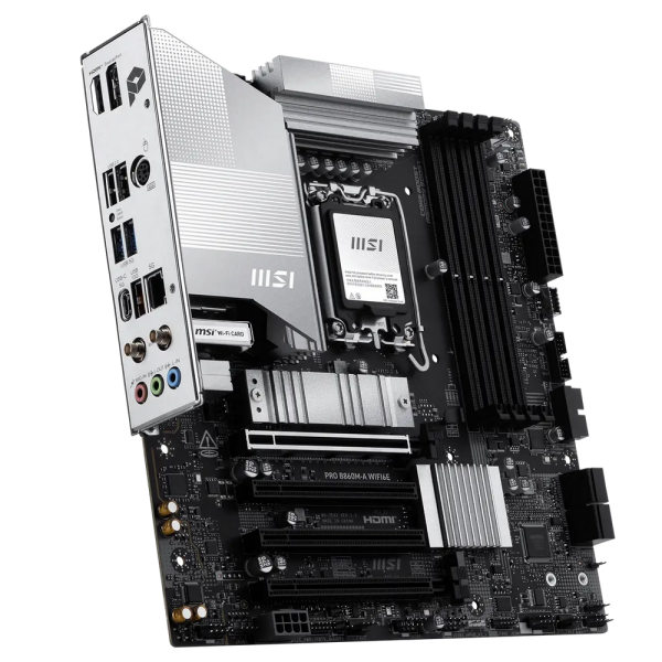 Материнская плата MSI PRO B860M-A WIFI6E B860, LGA1851, 4*DDR5, 4*PCIEx16, 3*M.2, 2*TypeC, 1*USB3.2Gen2, 6*USB3.2Gen1, 6*USB2.0, 4*SATA3.0, 5G, Type-C(DP), DP, HDMI, M-ATX, RTL