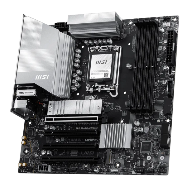 Материнская плата MSI PRO B860M-A WIFI6E B860, LGA1851, 4*DDR5, 4*PCIEx16, 3*M.2, 2*TypeC, 1*USB3.2Gen2, 6*USB3.2Gen1, 6*USB2.0, 4*SATA3.0, 5G, Type-C(DP), DP, HDMI, M-ATX, RTL