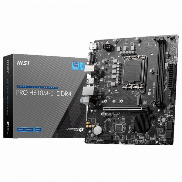 Материнская плата MSI PRO H610M-E DDR4 H610, LGA1700, 2*DDR4, 1*PCIEx16, 1*PCIEx1, 1*M.2, 4*USB3.2Gen1, 8*USB2.0, 4*SATA3.0, 1G, VGA, HDMI, M-ATX, RTL