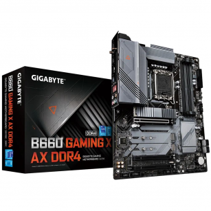 Материнская плата Gigabyte B660 GAMING X AX DDR4, Socket 1700, Intel®B660, 4xDDR4-3200, HDMI+DP, 3xPCI-Ex16, 4xSATA3(RAID 0/1/5/10), 3xM.2, 8Ch Audio, 2,5GbLan, WiFi, (4+4)xUSB2.0, (4+2)xUSB3.2, (0+1)xUSB3.2 Type-C™, ATX, RTL {}