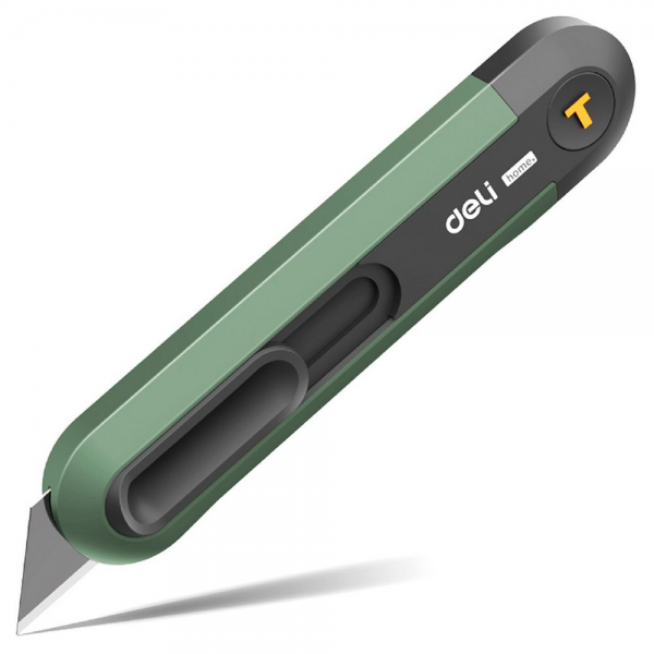 Технический нож "Home Series Green" Deli HT4008L Т-образное лезвие с механизмом автоматического возврата, эксклюзивный дизайн, корпус из высококачественного софттач пластика