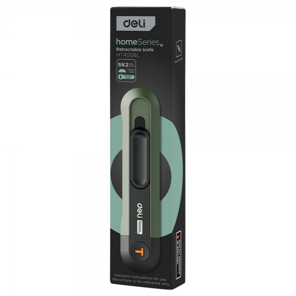 Технический нож "Home Series Green" Deli HT4008L Т-образное лезвие с механизмом автоматического возврата, эксклюзивный дизайн, корпус из высококачественного софттач пластика