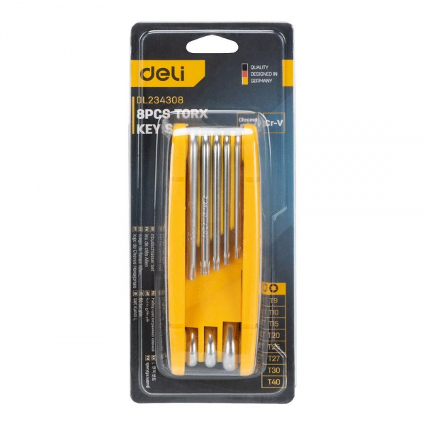 Набор складных шестигранных ключей "TORX" Deli DL234308 размеры T9,T10,T15,T20,T25,T27,T30,T40, пластиковый держатель