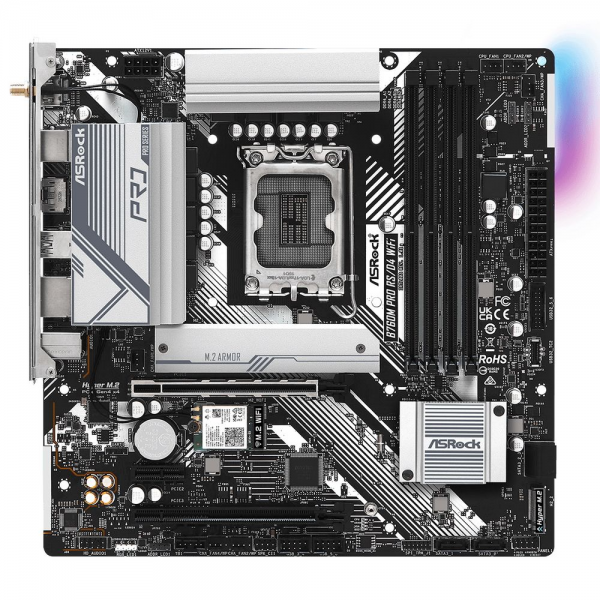 Материнская плата ASRock RTL B760M PRO RS/D4 WIFI, Socket 1700, Intel®B760, 4xDDR4-3200, HDMI+DP, 2xPCI-Ex16, 1xPCI-Ex1, 4xSATA3(RAID0/1/5/10), 2xM.2, 8 Ch Audio, 1x2.5GLan, WiFi, (2+4)xUSB2.0, (3+2)xUSB3.2, (1+1)xUSB3.2 Type-C™, ATX, 1xPS/2, RTL {}