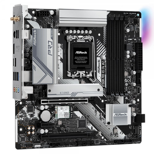 Материнская плата ASRock RTL B760M PRO RS/D4 WIFI, Socket 1700, Intel®B760, 4xDDR4-3200, HDMI+DP, 2xPCI-Ex16, 1xPCI-Ex1, 4xSATA3(RAID0/1/5/10), 2xM.2, 8 Ch Audio, 1x2.5GLan, WiFi, (2+4)xUSB2.0, (3+2)xUSB3.2, (1+1)xUSB3.2 Type-C™, ATX, 1xPS/2, RTL {}