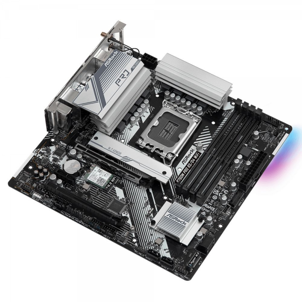 Материнская плата ASRock RTL B760M PRO RS/D4 WIFI, Socket 1700, Intel®B760, 4xDDR4-3200, HDMI+DP, 2xPCI-Ex16, 1xPCI-Ex1, 4xSATA3(RAID0/1/5/10), 2xM.2, 8 Ch Audio, 1x2.5GLan, WiFi, (2+4)xUSB2.0, (3+2)xUSB3.2, (1+1)xUSB3.2 Type-C™, ATX, 1xPS/2, RTL {}