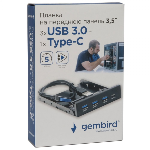 Адаптер Gembird Планка USB 3.0 на переднюю панель в отсек 3.5" 3xUSB-A 3.0 + 1xType-C