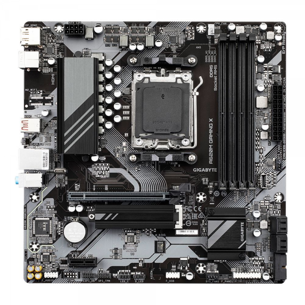 Материнская плата Gigabyte A620M GAMING X, Socket AM5, AMD A620, 4xDDR5-5200, HDMI+DP, 1xPCI-Ex16, 1xPCI-Ex1, 4xSATA3(RAID 0/1/10), 1xM.2, 8 Ch Audio, GLan, (2+2)xUSB2.0, (3+2)xUSB3.2, (1+1)xUSB3.2 Type-C™, 1xPS/2, mATX, RTL