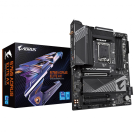 Материнская плата Gigabyte B760 AORUS ELITE AX, Socket 1700, Intel®B760, 4xDDR5-4800, HDMI+DP, 3xPCI-Ex16, 4xSATA3(RAID 0/1/5/10), 3xM.2, 8Ch Audio, 2.5GbLan, WiFi, (4+4)xUSB2.0, (5+2)xUSB3.2, (1+1)xUSB3.2 Type-C™, ATX, RTL