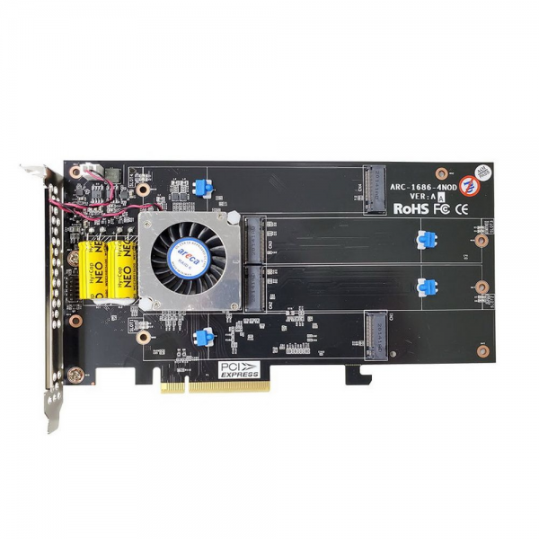 RAID-контроллер Areca ARC-1686-4NOD PCIe 4.0 x8 Full Height, 4 x M.2 Connector, Tri-mode interface at each M.2 bays - 12Gb/s SAS/SATA / Gen 4.0 PCIe (NVMe), RAID 0,1,10,JBOD, Hold-up Supercapacitor Onboard, RTL