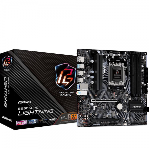 Материнская плата ASRock B650M PG LIGHNING, Socket AM5, AMD B650, 4xDDR5-5200, HDMI+DP, 2xPCI-Ex16, 4xSATA3(RAID 0/1/10), 3xM.2, 8 Ch Audio, 1x2.5GLan, (4+4)xUSB2.0, (3+4)xUSB3.2, (1+1)xUSB3.2 Type-C™, mATX, RTL