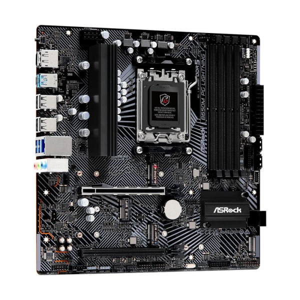 Материнская плата ASRock B650M PG LIGHNING, Socket AM5, AMD B650, 4xDDR5-5200, HDMI+DP, 2xPCI-Ex16, 4xSATA3(RAID 0/1/10), 3xM.2, 8 Ch Audio, 1x2.5GLan, (4+4)xUSB2.0, (3+4)xUSB3.2, (1+1)xUSB3.2 Type-C™, mATX, RTL