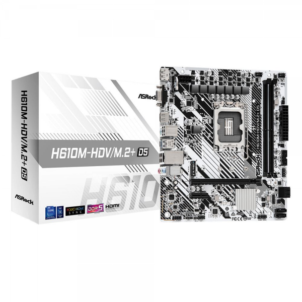 Материнская плата ASRock H610M-HDV/M.2+ D5, Socket 1700, Intel®H610, 2xDDR5-4800, D-SUB+HDMI+DP, 1xPCI-Ex16, 1xPCI-Ex1, 4xSATA3, 1xM.2, 8Ch Audio, GLan, (4+2)xUSB2.0, (1+2)xUSB3.2, (1+0)xUSB3.2 Type-C™, 1xPS/2, mATX, RTL