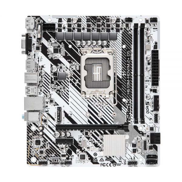 Материнская плата ASRock H610M-HDV/M.2+ D5, Socket 1700, Intel®H610, 2xDDR5-4800, D-SUB+HDMI+DP, 1xPCI-Ex16, 1xPCI-Ex1, 4xSATA3, 1xM.2, 8Ch Audio, GLan, (4+2)xUSB2.0, (1+2)xUSB3.2, (1+0)xUSB3.2 Type-C™, 1xPS/2, mATX, RTL