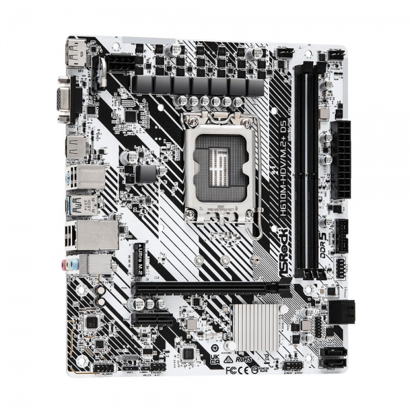 Материнская плата ASRock H610M-HDV/M.2+ D5, Socket 1700, Intel®H610, 2xDDR5-4800, D-SUB+HDMI+DP, 1xPCI-Ex16, 1xPCI-Ex1, 4xSATA3, 1xM.2, 8Ch Audio, GLan, (4+2)xUSB2.0, (1+2)xUSB3.2, (1+0)xUSB3.2 Type-C™, 1xPS/2, mATX, RTL
