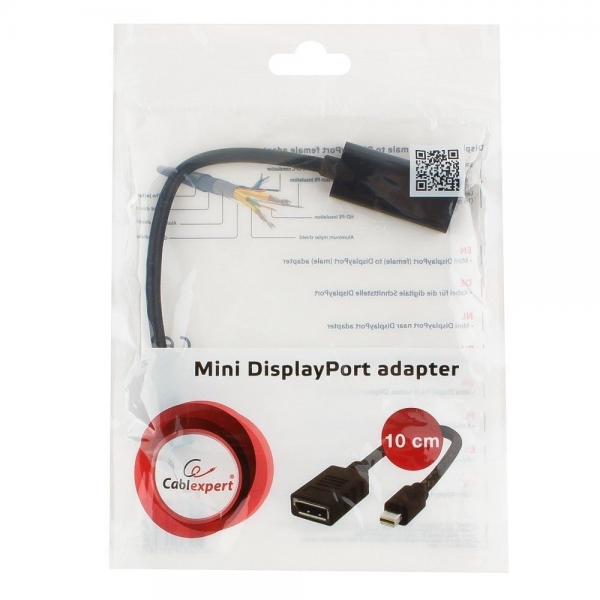 Переходник Cablexpert miniDisplayPort - DisplayPort, Cablexpert A-mDPM-DPF-001 20M/20F, длина 16см, черный, пакет