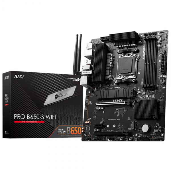 Материнская плата MSI PRO B650-S WIFI B650, AM5, 4*DDR5, 2*PCIEx16, 1*PCIEx1, 2*M.2, 2*TypeC, 3*USB3.2Gen2, 6*USB3.2Gen1, 4*USB2.0, 4*SATA3.0, 2.5G, DP, HDMI, ATX, RTL