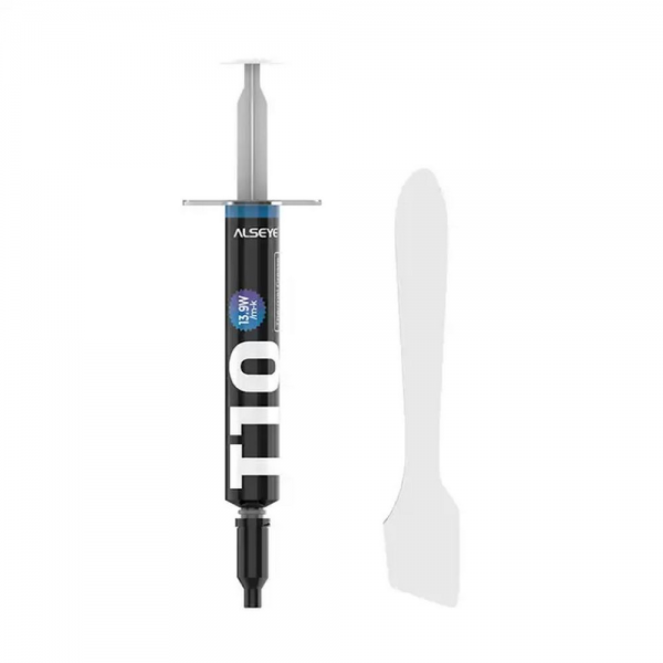 Термопаста ALSEYE T10 Thermal conductivity: 13.9W/m-k Color: Gray Conductivity: non-conductive specific gravity: 2.7g / cm³@25℃ Capacity: 1.2ml Weight: 2G