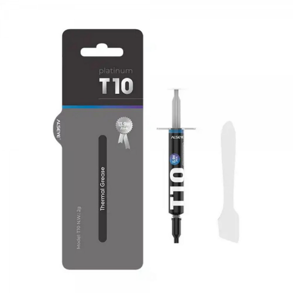 Термопаста ALSEYE T10 Thermal conductivity: 13.9W/m-k Color: Gray Conductivity: non-conductive specific gravity: 2.7g / cm³@25℃ Capacity: 1.2ml Weight: 2G