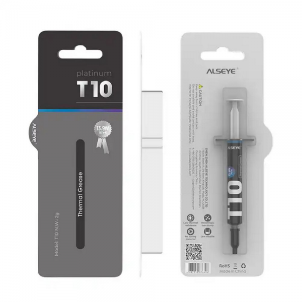 Термопаста ALSEYE T10 Thermal conductivity: 13.9W/m-k Color: Gray Conductivity: non-conductive specific gravity: 2.7g / cm³@25℃ Capacity: 1.2ml Weight: 2G