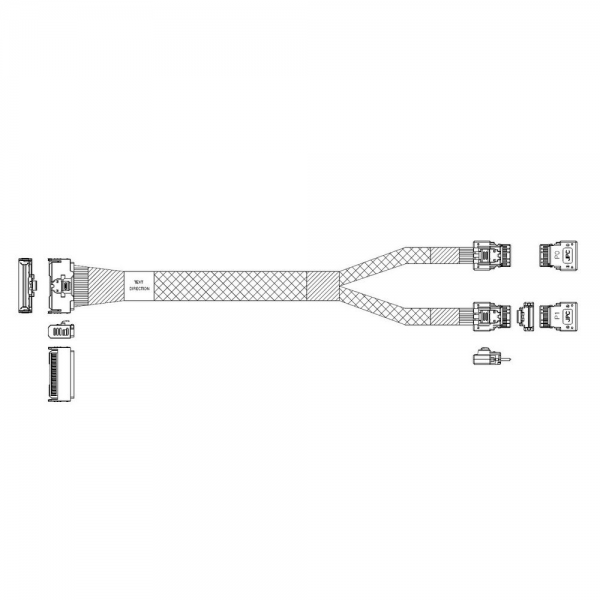 Кабель JPC P7332DN10800-1 Cable MCIO x8 74P (прямой Straight Type) -TO- 2x Slimline SAS x4 38P (SFF8654, прямой Straight Type) , 85 Ohm, L:80cm