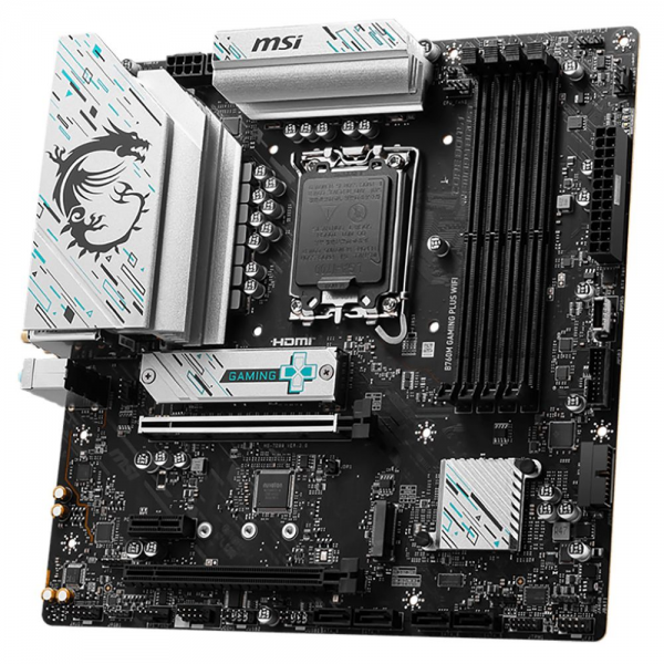 Материнская плата MSI B760M GAMING PLUS WIFI B760, LGA1700, 4*DDR5, 2*PCIEx16, 1*PCIEx1, 2*M.2, 1*TypeC, 2*USB3.2Gen2, 6*USB3.2Gen1, 6*USB2.0, 4*SATA3.0, 2.5G, 2*DP, 2*HDMI, M-ATX, RTL