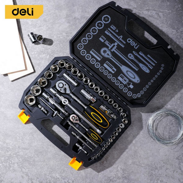 Набор торцевых головок и ключей 44 предмета Deli DL1044 1/2"+1/4", сталь Cr-V, комплектация: торцевые головки (1/4" 4-14мм, 1/2" 8-32мм), 10 удлинительных/соединительных стержней, трещотки 1/4" и 1/2" 45 зубьев, пластиковый кейс
