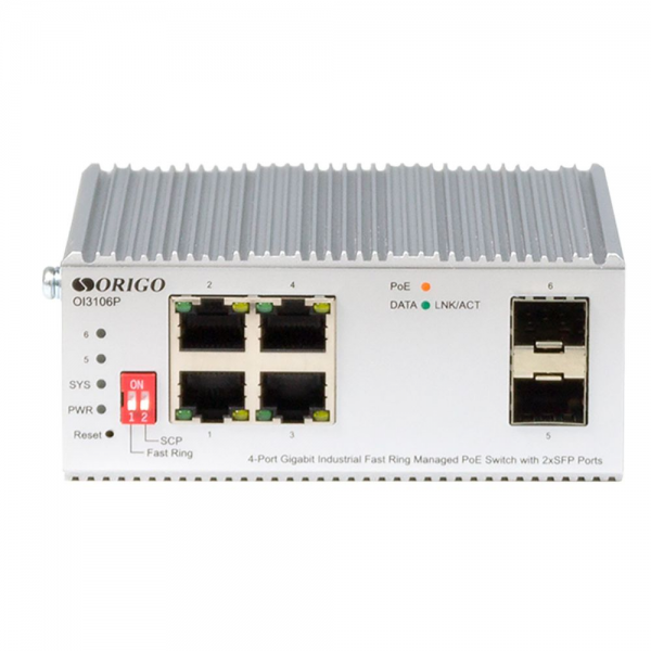 Коммутатор ORIGO OI3106P/60W/A1A Промышленный управляемый L2PoE-коммутатор 4x1000Base-T PoE+,2x1000Base-X SFP, PoE-бюджет 60 Вт