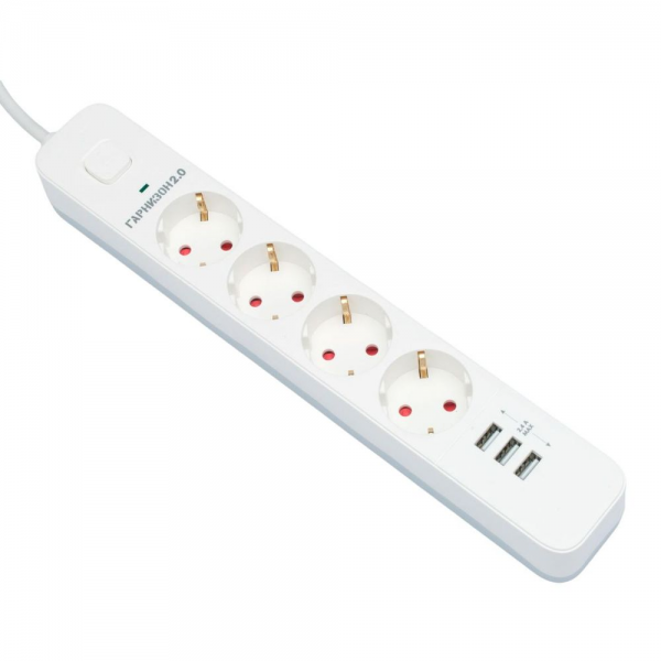 Сетевой фильтр Гарнизон EPS-4-U3-W-2 белый, 4 розетки 220В, 10А, 3 розетки USB-A 5В, кабель 2м, ур.защиты 2+, пакет