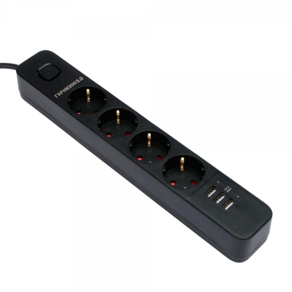 Сетевой фильтр Гарнизон EPS-4-U3-B-2 черный, 4 розетки 220В, 10А, 3 розетки USB-A 5В, кабель 2м, ур.защиты 2+, пакет