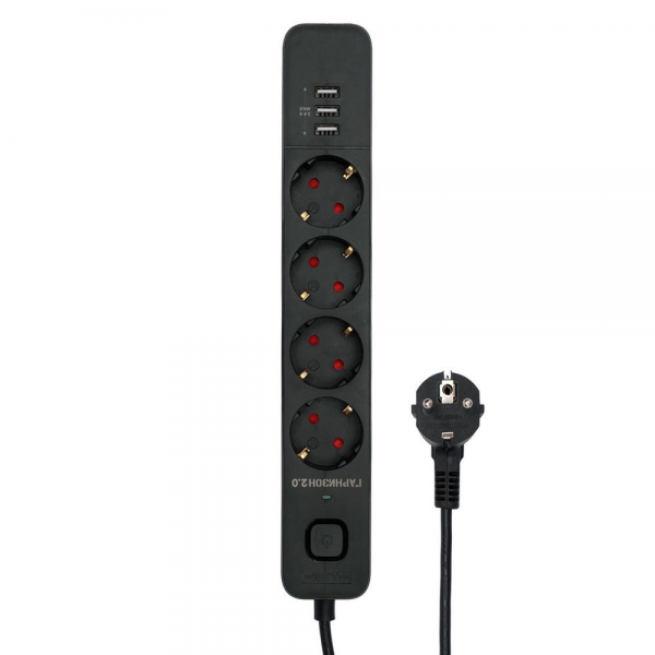Сетевой фильтр Гарнизон EPS-4-U3-B-2 черный, 4 розетки 220В, 10А, 3 розетки USB-A 5В, кабель 2м, ур.защиты 2+, пакет