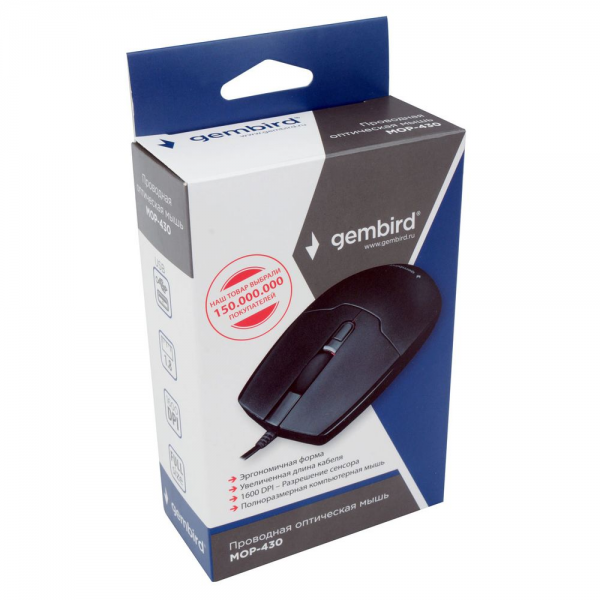 Мышь Gembird Bad Pack Мышь Gembird MOP-430, USB, черный, 3кн.+колесо-кнопка, 1600 DPI, кабель 1.5 м