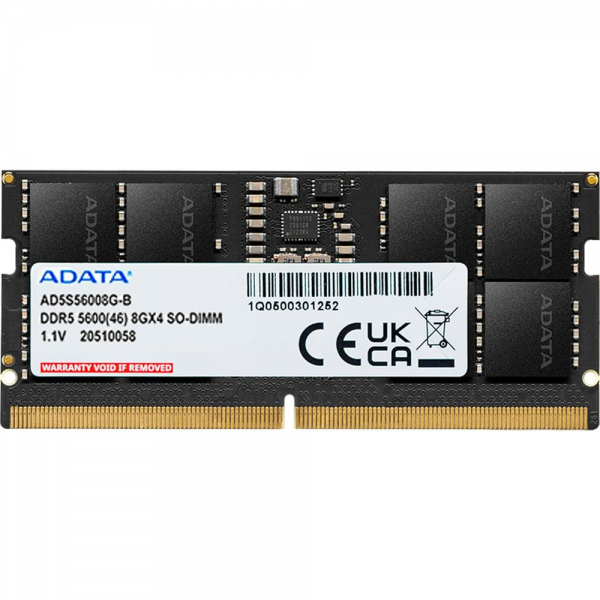 Модуль памяти ADATA 8GB 5600 MHz DDR5 SODIMM AD5S56008G-S Non-ECC, CL45-46-46, 1.1V, RTL
