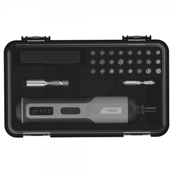 Отвертка аккумуляторная Deli DC161 (4В, 2А*ч, 5Нм, 300об/мин, Type-C, набор бит 24 шт, кейс)