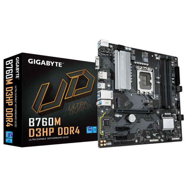Материнская плата Gigabyte B760M D3HP DDR4, RTL Socket 1700, Intel®B760, 4xDDR4-3200, D-SUB+HDMI+DP, 1xPCI-Ex16, 2xPCI-Ex1, 4xSATA3(RAID 0/1/5/10), 2xM.2, 8Ch Audio, GLan, (2+4)xUSB2.0, (3+2)xUSB3.2, (0+1)xUSB3.2 Type-C™, 1xPS/2, ATX, RTL