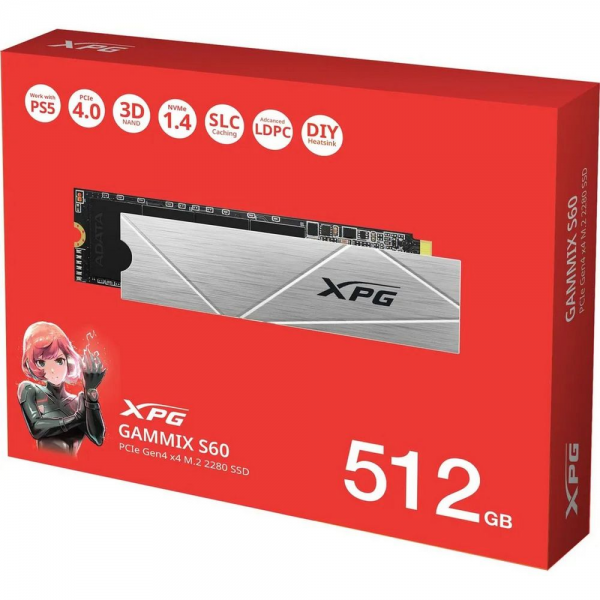 Твердотельный накопитель SSD ADATA M.2 2280 512GB XPG GAMMIX S60 PCIe Gen4x4 with NVMe, 4700/1700, MTBF 1.5M, 3D NAND, 110TBW
