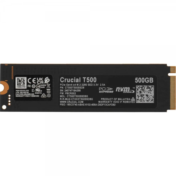 Твердотельный накопитель SSD Crucial M.2 2280 500GB Crucial T500 Client SSD CT500T500SSD8 PCIe Gen4x4 with NVMe, 7200/5700, TLC, 300TBW