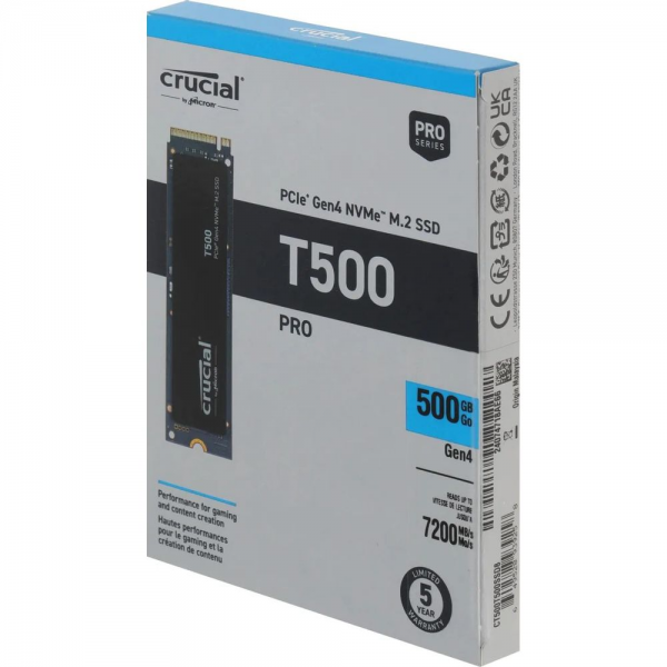 Твердотельный накопитель SSD Crucial M.2 2280 500GB Crucial T500 Client SSD CT500T500SSD8 PCIe Gen4x4 with NVMe, 7200/5700, TLC, 300TBW