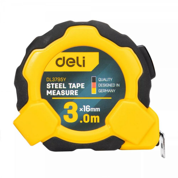 Рулетка Deli DL3795 3м*16мм, Автостоп, ударопрочный корпус, метрическая