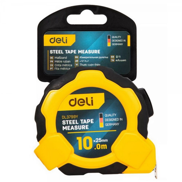 Рулетка Deli DL3799 10м*25мм, Автостоп, ударопрочный корпус, метрическая