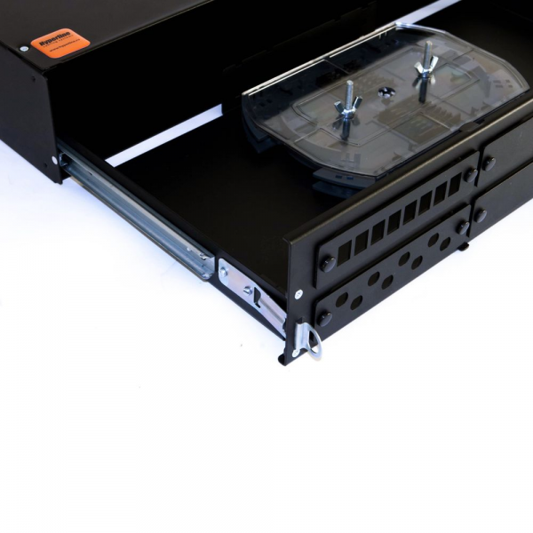 Бокс оптический Hyperline FO-19V-2U-6xSLT-W130H30-48UN-BK Бокс оптический универсальный 19" выдвижной, с полкой, от 8 до 48 портов (SC, duplex LC, ST, FC), со сплайс пластиной, без пигтейлов и проходных адаптеров, 2U, черный