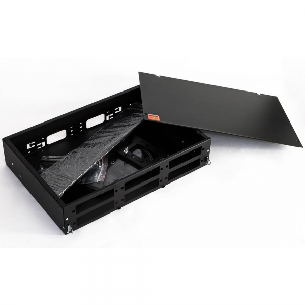 Бокс оптический Hyperline FO-19V-2U-6xSLT-W130H30-48UN-BK Бокс оптический универсальный 19" выдвижной, с полкой, от 8 до 48 портов (SC, duplex LC, ST, FC), со сплайс пластиной, без пигтейлов и проходных адаптеров, 2U, черный