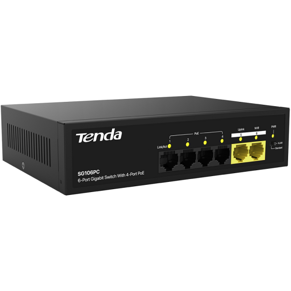 Коммутатор Tenda SG106PC Коммутатор неуправляемый PoE, 6 портов 6x1 Гбит/с, PoE 4х до 30 Вт, 2хUplink, настольный