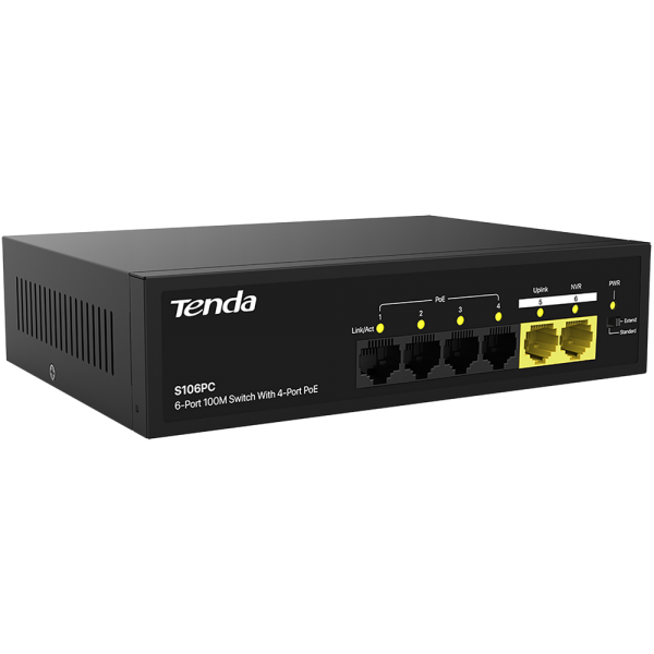 Коммутатор Tenda S106PC Коммутатор неуправляемый PoE, 6 портов 5x100 Мбит/с, PoE 4х до 30 Вт, настольный