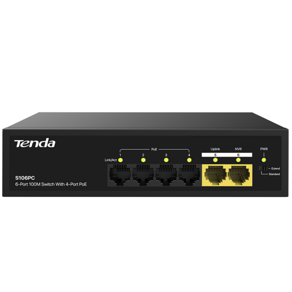 Коммутатор Tenda S106PC Коммутатор неуправляемый PoE, 6 портов 5x100 Мбит/с, PoE 4х до 30 Вт, настольный